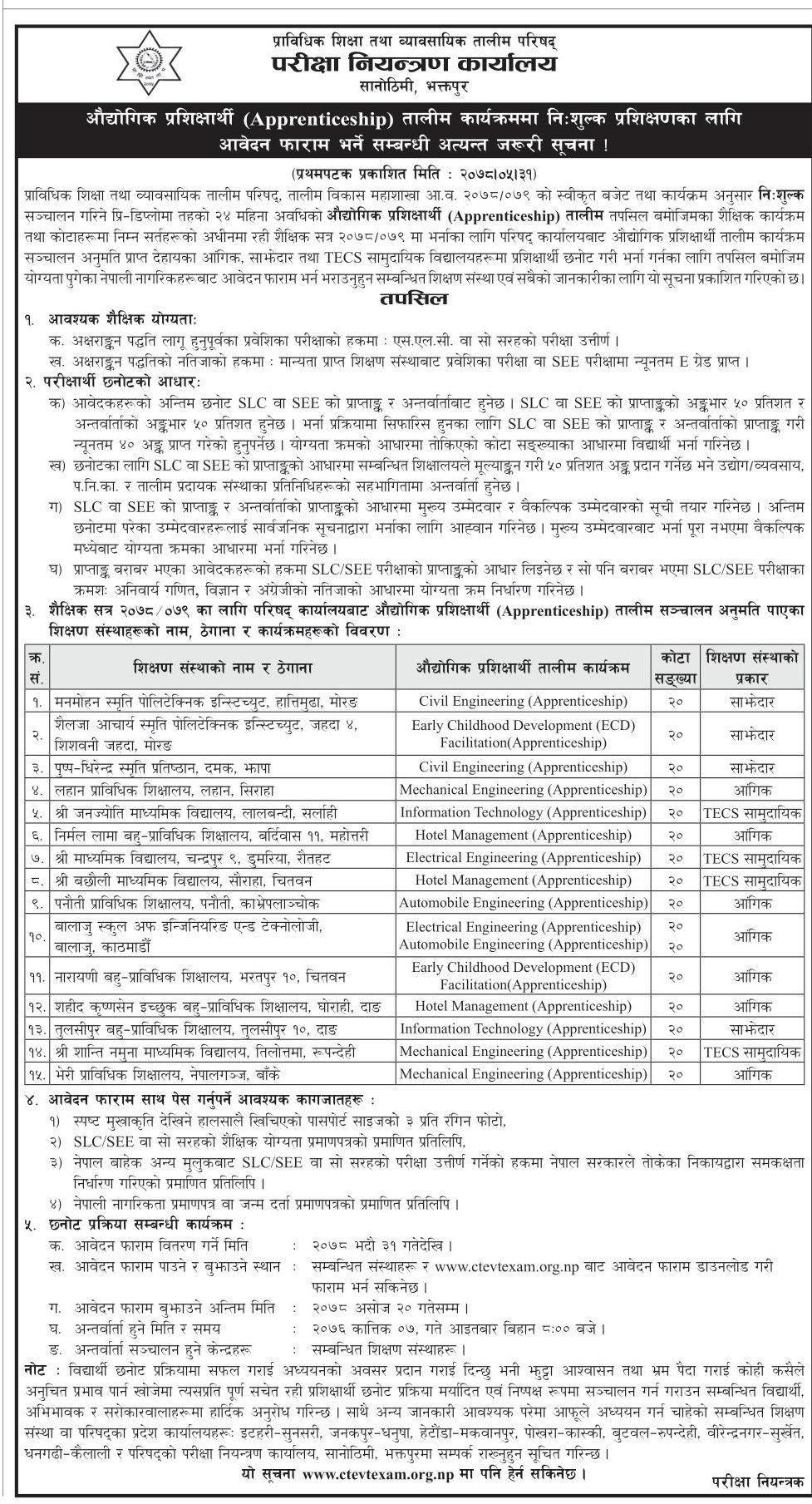 औधोगिक प्रशिक्षार्थी (Apprenticeship) तालीम कार्यक्रममा निःशुल्क प्रशिक्षणका सम्बन्धी सुचना ।